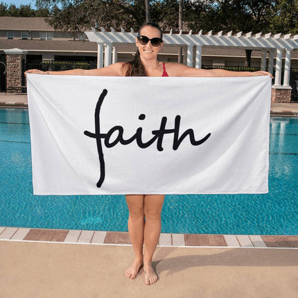 White faith bath towel with black script – minimalist Christian bathroom decor towel gift
