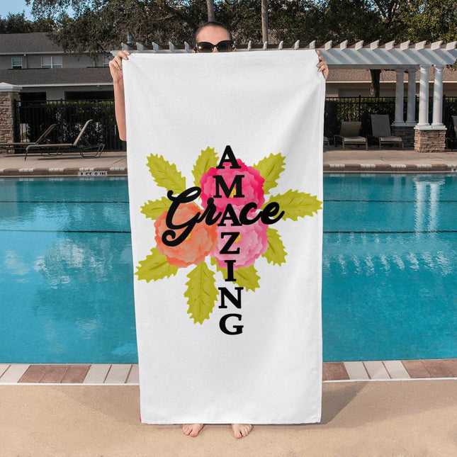 White Christian bath towel with amazing grace text and watercolor floral design – 60x30 beach and pool towel