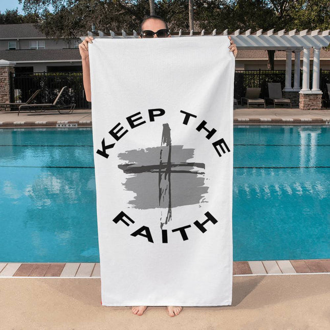 White Christian bath towel with keep the faith circular text and cross over gray brush stroke – 60x30 beach and pool towel