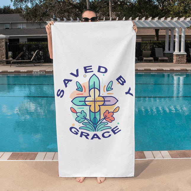 White Christian bath towel with saved by grace text and colorful floral cross design – 60x30 beach and pool towel