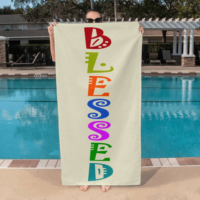 Blessed bath towel with colorful vertical lettering on light background – 60x30 Christian beach and pool towel
