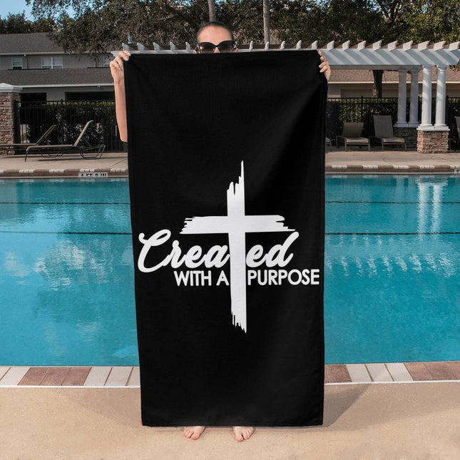 Black Christian bath towel with created with a purpose text and large white cross – 60x30 beach and pool towel