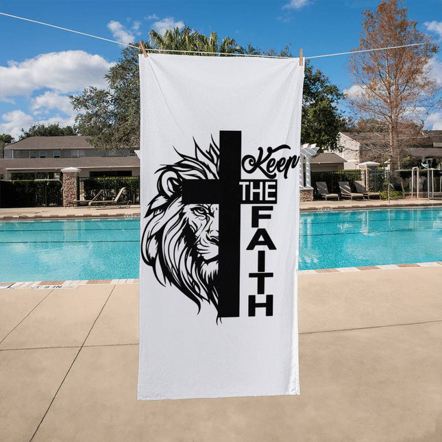 Christian Bath Towels: Keep the Faith Lion Cross Bath Towel | White | 60x30