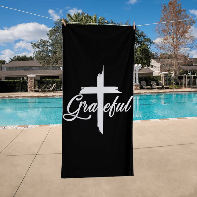 Christian Bath Towels: Grateful Cross Bath Towel | Black | 60x30