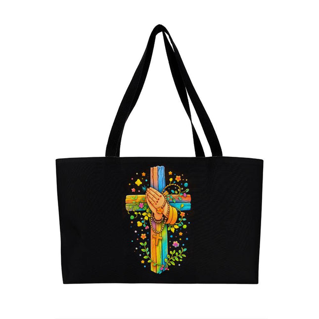 Rainbow Cross Praying Hands | Christian Weekender Tote Bag | Gift for Kids