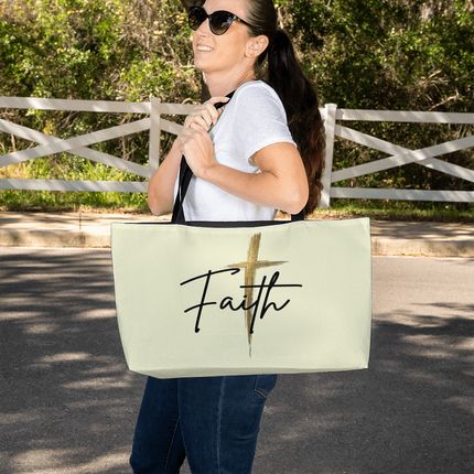Faith Cross Gold Weekender Tote Bag | Christian Travel & Beach Bag