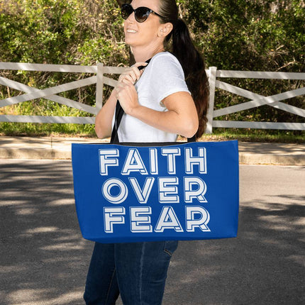 Faith Over Fear Weekender Tote Bag | Blue | Christian Travel Tote