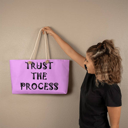 Lavender weekender tote bag with “Trust the Process” black lettering – Christian travel tote with rope handles