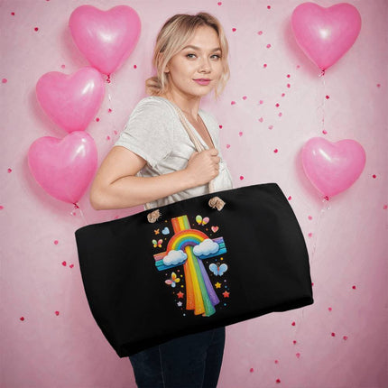 Rainbow Cross Butterfly | Christian Weekender Tote Bag | Gift for Kids