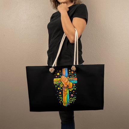 Rainbow Cross Praying Hands | Christian Weekender Tote Bag | Gift for Kids