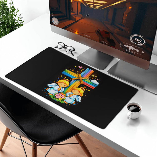Rainbow Cross Angel Twins | Christian Computer Mat | Gift for Kids