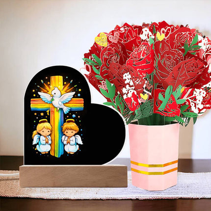 Rainbow Cross Angels And Dove | Christian Heart Acrylic Plaque and Sweetest Devotion Flower Bouquet | Gift for Kids