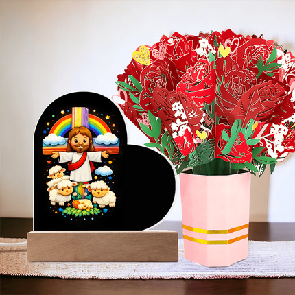 Jesus And Little Lambs | Christian Heart Acrylic Plaque and Sweetest Devotion Flower Bouquet | Gift for Kids