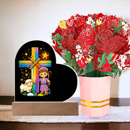 Rainbow Cross Little Shepherd | Christian Heart Acrylic Plaque and Sweetest Devotion Flower Bouquet | Gift for Kids