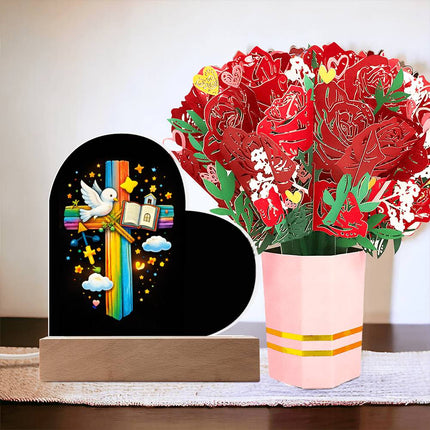 Rainbow Cross Open Bible | Christian Heart Acrylic Plaque and Sweetest Devotion Flower Bouquet | Gift for Kids