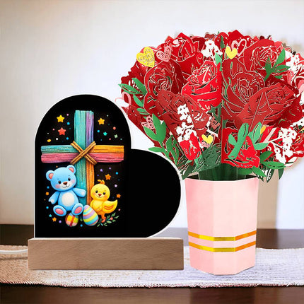 Rainbow Cross Teddy Bear | Christian Heart Acrylic Plaque and Sweetest Devotion Flower Bouquet | Gift for Kids