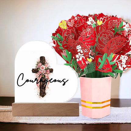 Courageous | Christian Heart Acrylic Plaque and Sweetest Devotion Flower Bouquet | Gift for Her