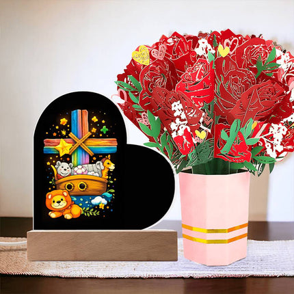Rainbow Cross Noahs Ark | Christian Heart Acrylic Plaque and Sweetest Devotion Flower Bouquet | Gift for Kids