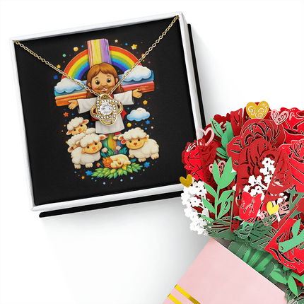 Jesus And Little Lambs | Christian Love Knot Necklace and Sweetest Devotion Bouquet | Gift for Kids