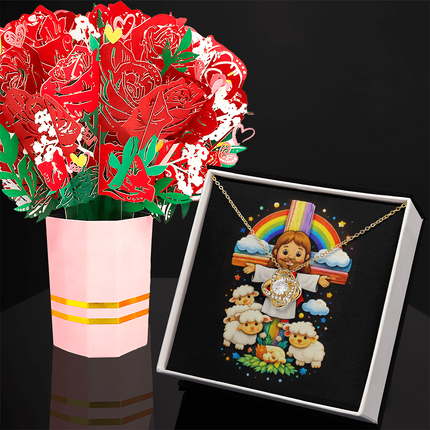 Jesus And Little Lambs | Christian Love Knot Necklace and Sweetest Devotion Bouquet | Gift for Kids