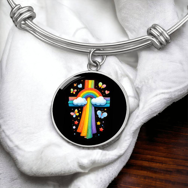 Rainbow & Butterflies Cross Circle Bangle – Christian Gift for Kids