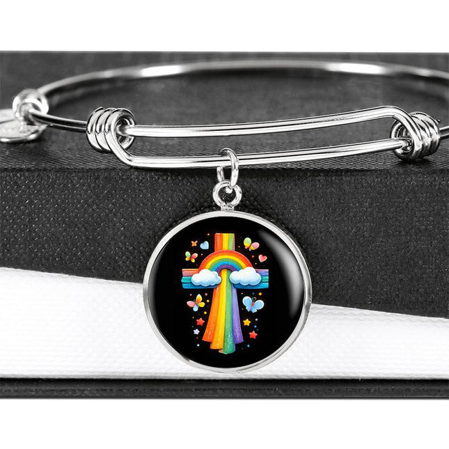Rainbow & Butterflies Cross Circle Bangle – Christian Gift for Kids