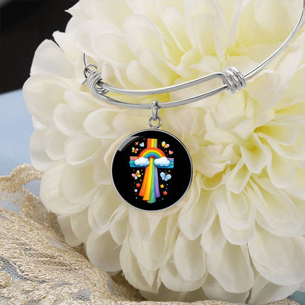 Rainbow & Butterflies Cross Circle Bangle – Christian Gift for Kids