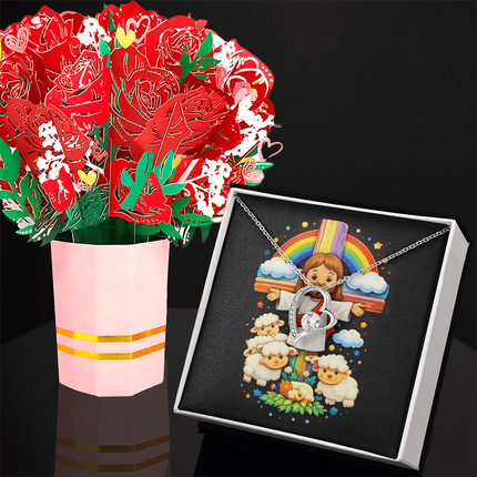 Jesus And Little Lambs | Christian Forever Love Necklace and Sweetest Devotion Bouquet | Gift for Kids