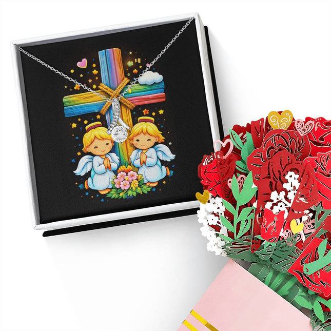 Rainbow Cross Angel Twins | Christian Alluring Beauty Necklace and Sweetest Devotion Bouquet | Gift for Kids