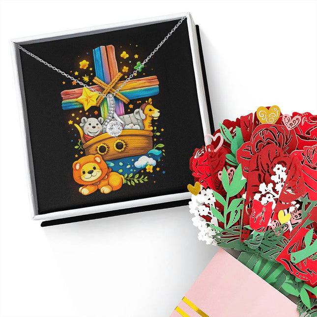 Rainbow Cross Noahs Ark | Christian Alluring Beauty Necklace and Sweetest Devotion Bouquet | Gift for Kids