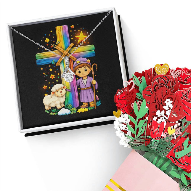 Rainbow Cross Little Shepherd | Christian Alluring Beauty Necklace and Sweetest Devotion Bouquet | Gift for Kids