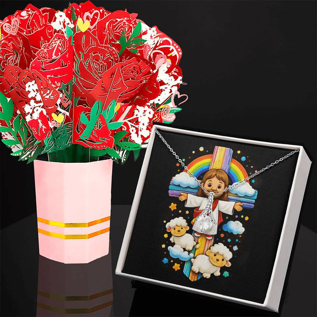 Rainbow Cross Jesus And Lamb | Christian Alluring Beauty Necklace and Sweetest Devotion Bouquet | Gift for Kids
