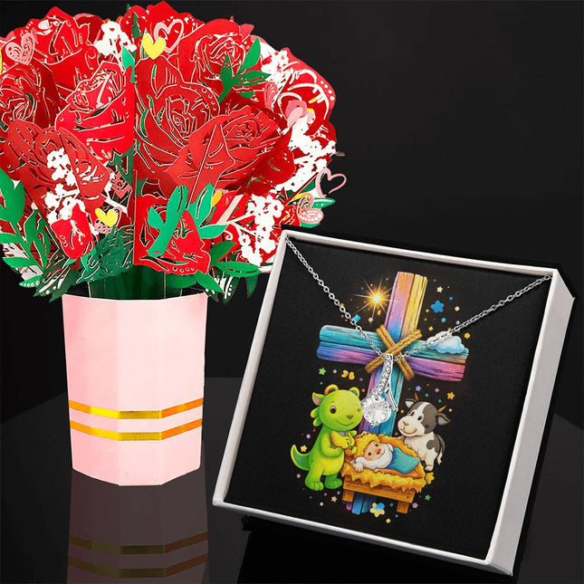 Rainbow Cross Frog And Cow | Christian Alluring Beauty Necklace and Sweetest Devotion Bouquet | Gift for Kids