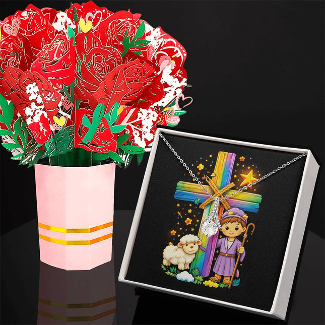 Rainbow Cross Little Shepherd | Christian Alluring Beauty Necklace and Sweetest Devotion Bouquet | Gift for Kids