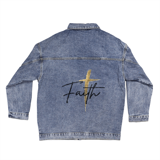 Faith Cross Gold Oversized Denim Jacket | Christian Women’s Jacket