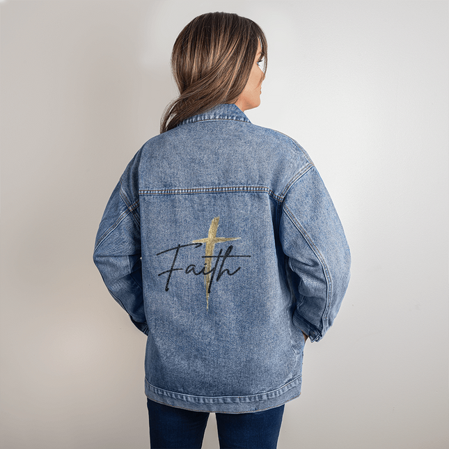 Oversized women’s denim jacket with “Faith” script and gold cross back print, Christian jacket for church, Bible study, and casual everyday layering