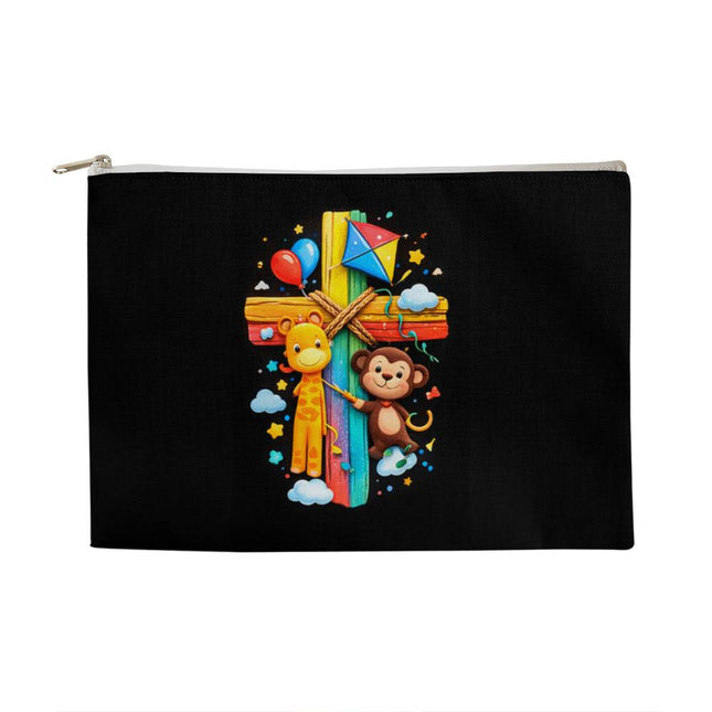 Giraffe & Monkey Rainbow Cross Large Zippered Pouch – Christian Gift for Kids