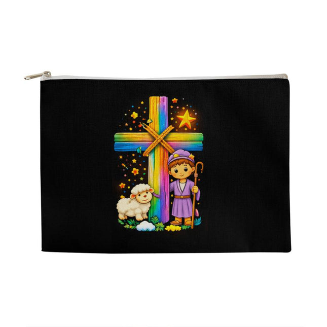 Shepherd Boy & Lamb Rainbow Cross Large Zippered Pouch – Christian Gift for Kids