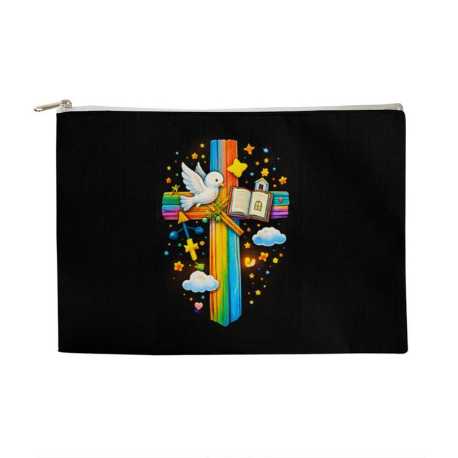 Dove & Open Bible Rainbow Cross Large Zippered Pouch – Christian Gift for Kids