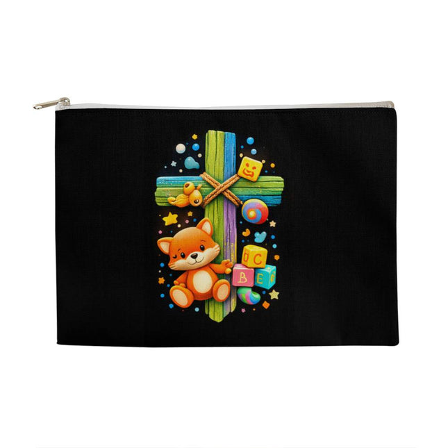 Kitten & ABC Blocks Rainbow Cross Large Zippered Pouch – Christian Gift for Kids