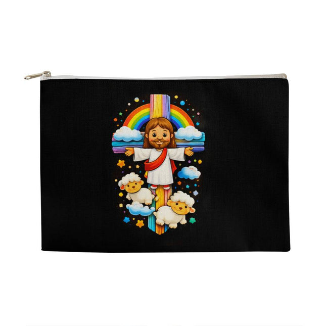 Jesus & Little Lambs Rainbow Large Zippered Pouch – Christian Gift for Kids