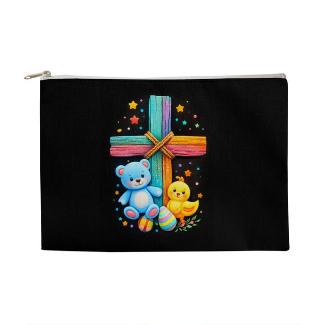 Rainbow Cross Teddy Bear & Chick Large Zippered Pouch – Christian Gift for Kids