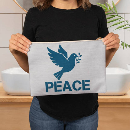 Peace Large Fabric Zippered Pouch | Teal Dove & Olive Branch | 12.5x8.5