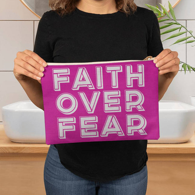Faith Over Fear Large Fabric Zippered Pouch | White Text on Magenta | 12.5x8.5