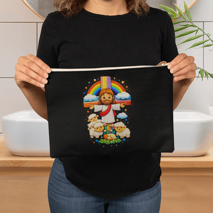 Jesus With the Sheep - Large Fabric Zippered Pouch – Christian Gift for Kids