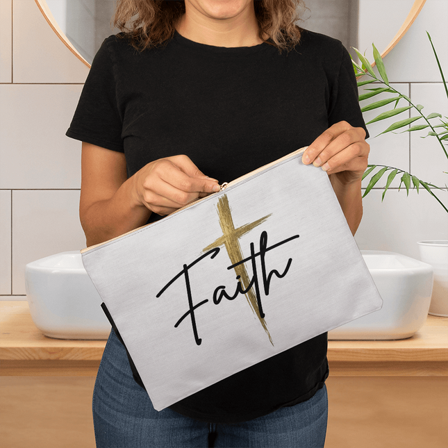 Faith Cross Gold Zipper Pouch | Large Christian Makeup Bag