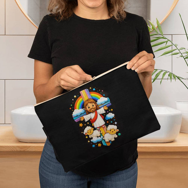 Jesus & Little Lambs Rainbow Large Zippered Pouch – Christian Gift for Kids