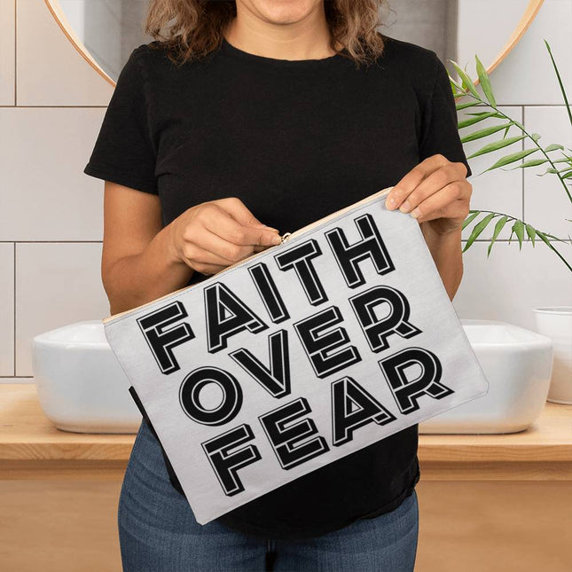 Faith Over Fear Large Fabric Zippered Pouch | Black Text on White | 12.5x8.5