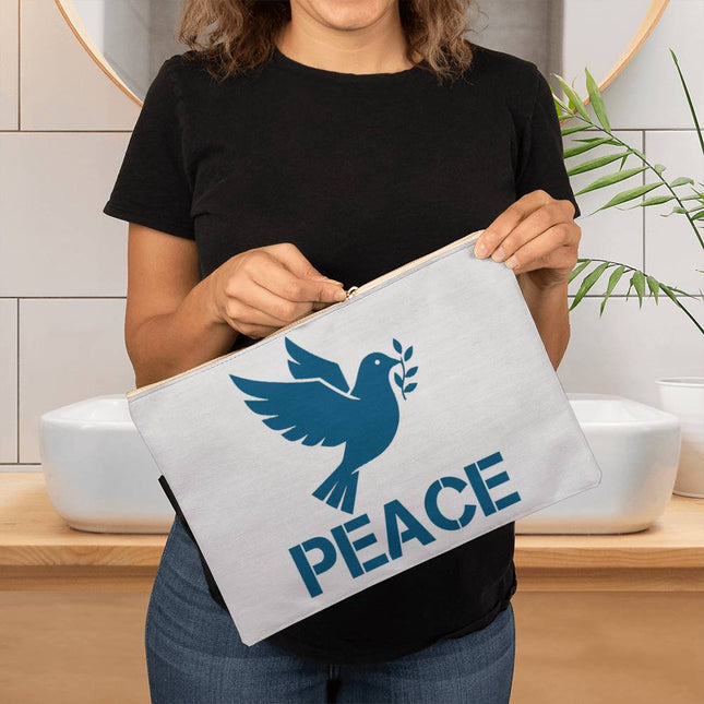 Peace Large Fabric Zippered Pouch | Teal Dove & Olive Branch | 12.5x8.5