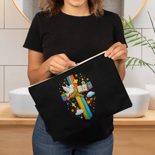 Dove & Open Bible Rainbow Cross Large Zippered Pouch – Christian Gift for Kids